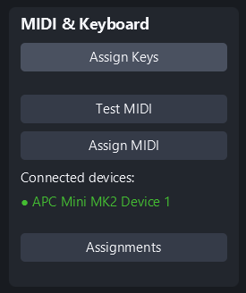 MIDI Control panel in Simple DMX Controller showing a connected APC Mini MK2