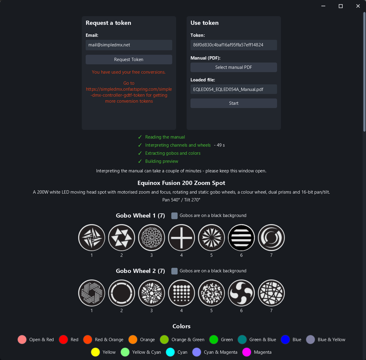 Manual To GDTF reading a fixture PDF and showing the gobo wheels and colors it found