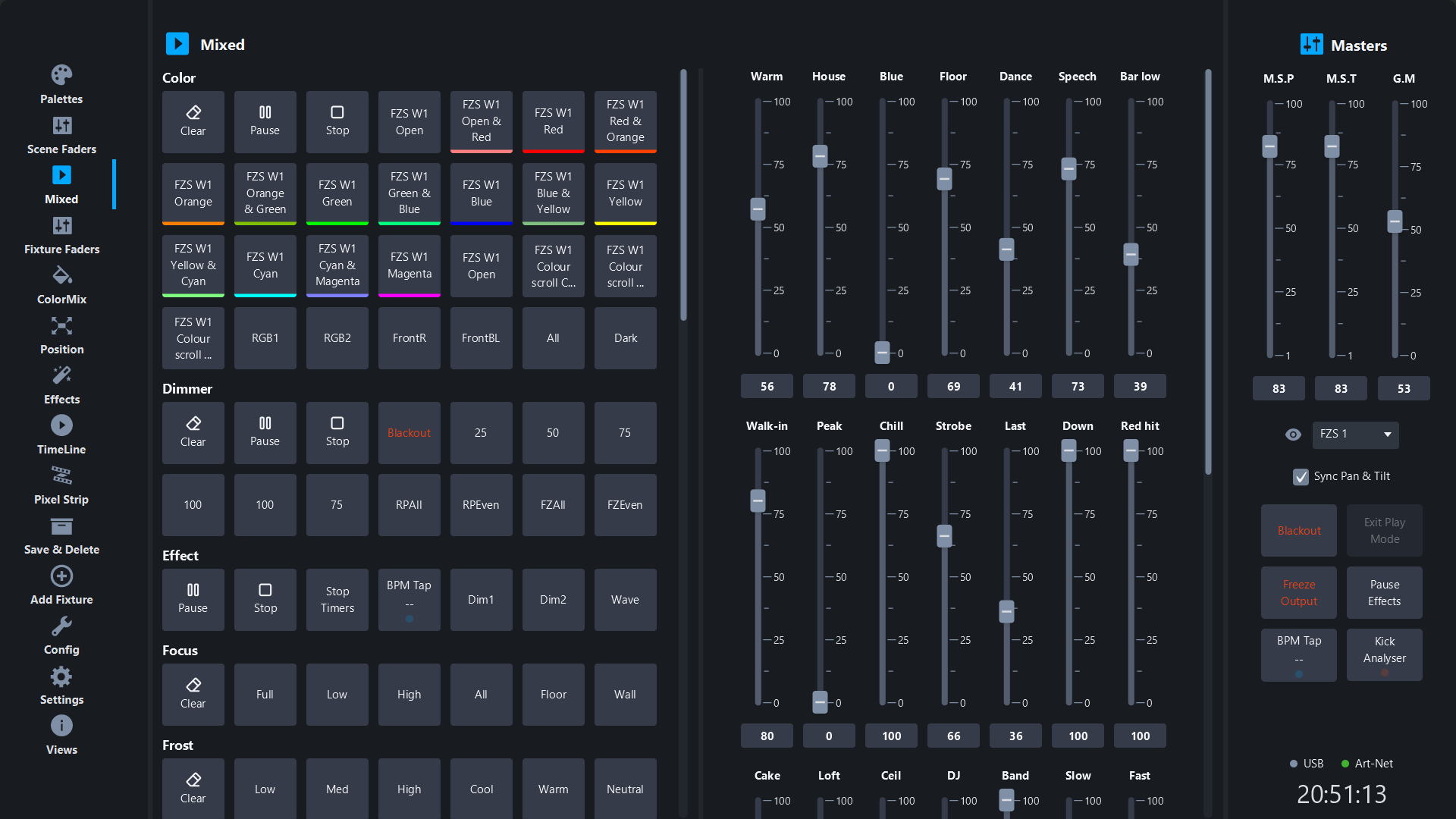 The Mixed page in Simple DMX Controller: color and gobo palettes, scene faders and masters