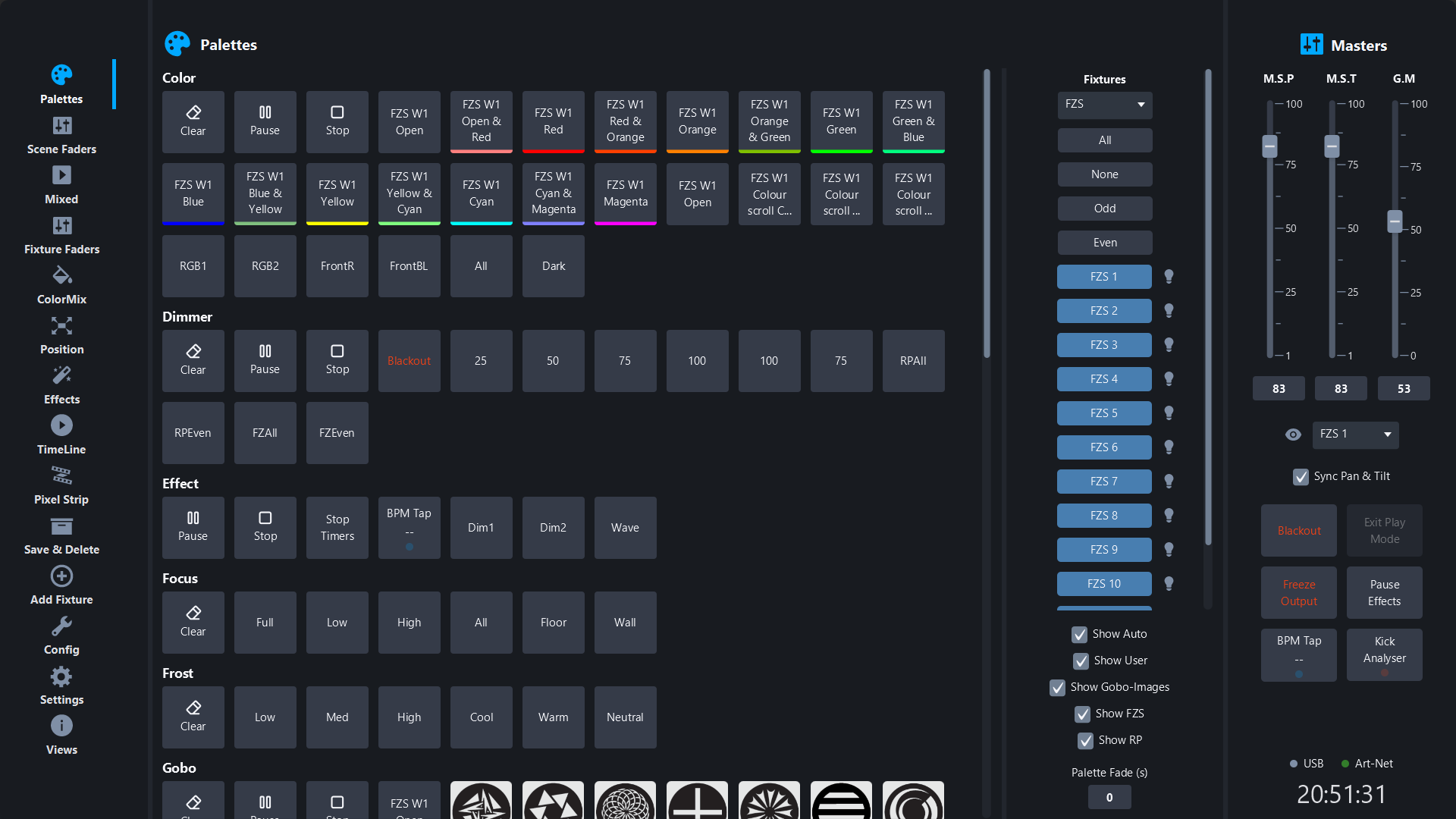 Color and gobo palettes in Simple DMX Controller