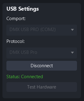USB Settings panel in Simple DMX Controller with comport, protocol and Test Hardware button